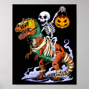 Affiche Squelette d'Halloween à cheval sur une momie T Rex