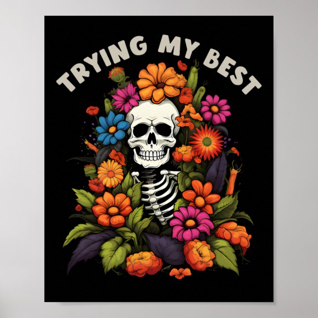 Affiche Squelette d'Halloween Fleurs Vintages essayer mon  (Devant)