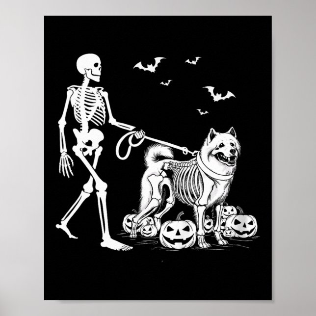 Affiche Squelette d'Halloween marchant Chien Samoyé (Devant)