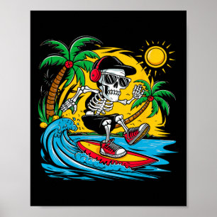 Affiche Squelette drôle faisant du surf sur une planche de