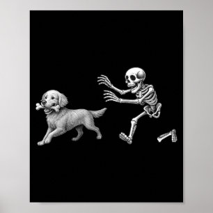 Affiche Squelette drôle poursuivant Retriever doré Hallowe