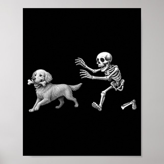 Affiche Squelette drôle poursuivant Retriever doré Hallowe (Devant)