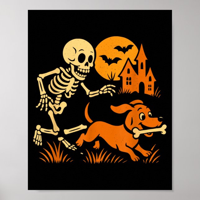 Affiche Squelette drôle poursuivant un chien teckel drôle (Devant)