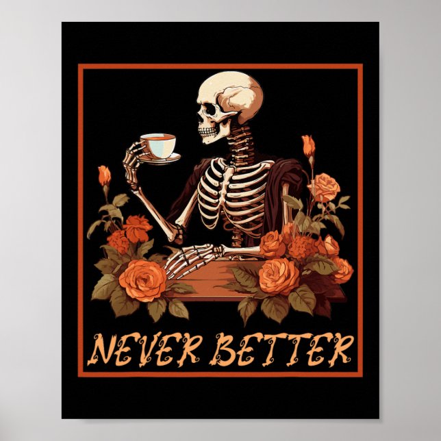 Affiche Squelette éffrayant Avec Café Et Fleurs Halloween (Devant)