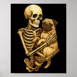 Affiche Squelette étreignant Pug Halloween Amoureux de Pug