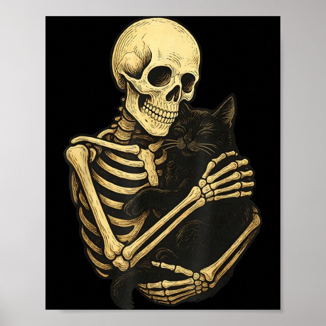 Affiche Squelette étreignant un chat noir Halloween drôle (Devant)