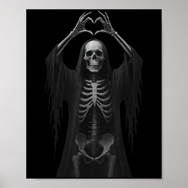 Affiche Squelette Mains Coeur Signal Y Visage Drôle Hallow (Devant)