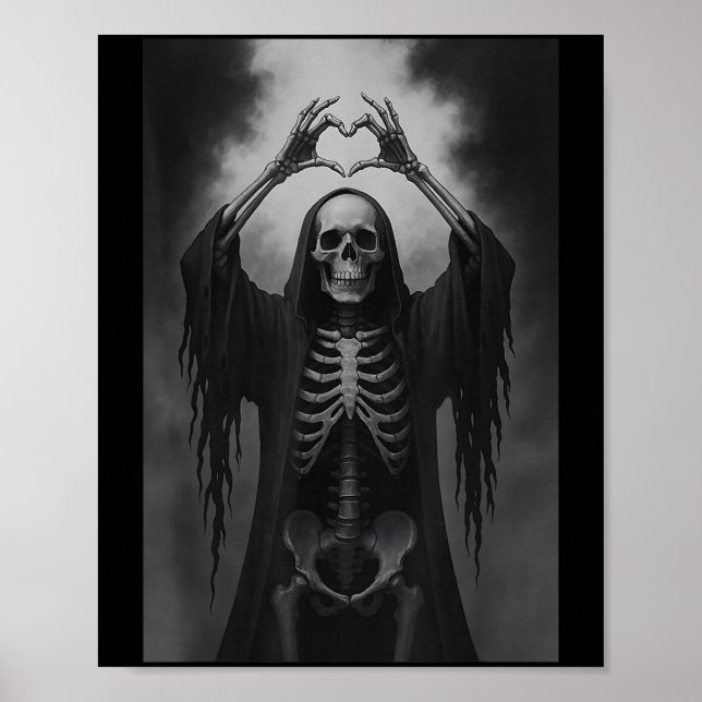 Affiche Squelette Mains Signe de Coeur Visage Effrayant Dr (Devant)