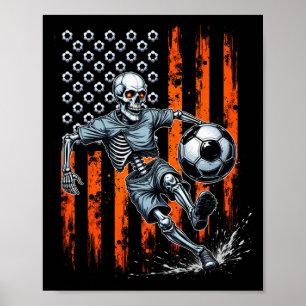 Affiche Squelette Rétro Jouant au Football Drapeau Usa Épo