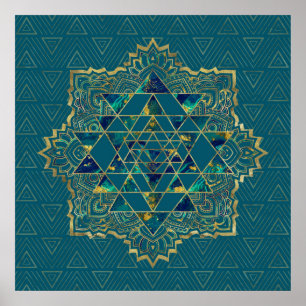 Affiche Sri Yantra / Sri Chakra Or, marbre et Turquoise
