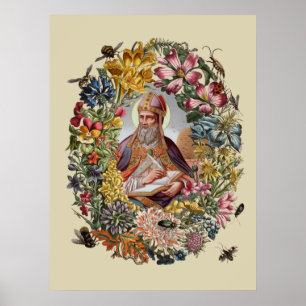 Affiche St. Ambroise de Milan avec des fleurs, des abeille
