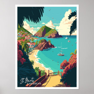 Affiche St Barts Caribbean Art Travel Illustration Vintage