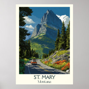Affiche St. Mary Montana Vintage Glacier Lake Road Art