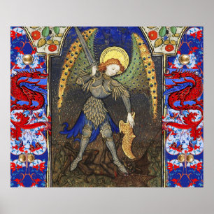 Affiche St. Michel l'Archange avec Diable, Dragons rouges
