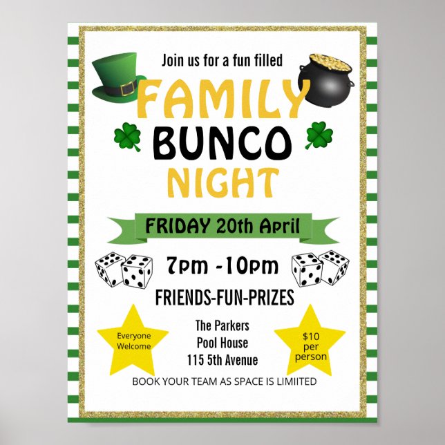 Affiche st Patrick bunco nuit, bunco fête PTA événement PT (Devant)