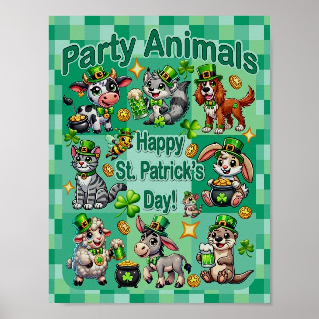 Affiche St. Patrick's Day Fun et adorable "Animaux de fête (Devant)