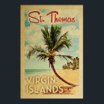 Affiche St Thomas Palm Tree Vintage voyage<br><div class="desc">Une gravure d'art moderne de St Thomas Virgin Islands, rétro et unique au milieu du siècle, dans un style d'affiche de voyage vintage. Il dispose d'un palmier incurvé sur une plage de sable avec l'océan sous un ciel bleu nuageux.</div>
