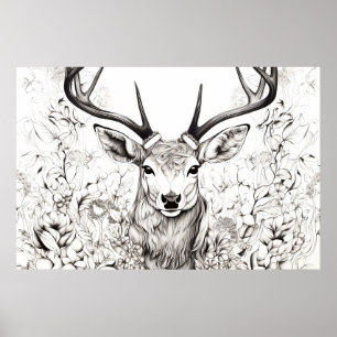 Affiche Stag Deer Nature paisible Esquisse de prairie