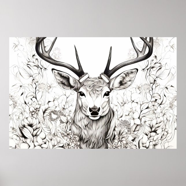 Affiche Stag Deer Nature paisible Esquisse de prairie (Devant)
