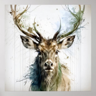 Affiche Stag Deer Portrait Animal Peinture Forêt faunique