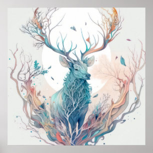 Affiche Stag Deer Portrait Animal Peinture Forêt faunique