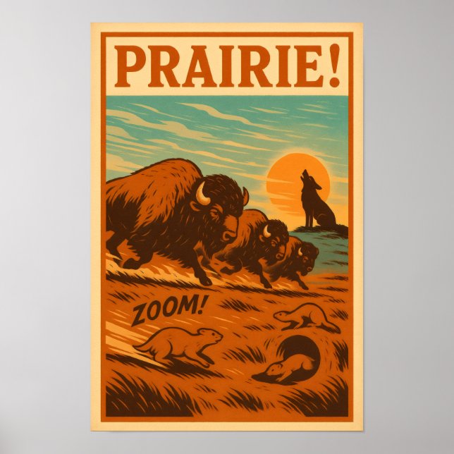 Affiche Stampede des Prairies - Bison, Chiens des Prairies (Devant)
