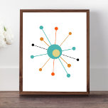 Affiche Starburst atomique coloré milieu du siècle moderne<br><div class="desc">Cette affiche moderne colorée du milieu du siècle présente une étoile atomique en bleu turquoise,  deux nuances d'orange,  jaune crème et noir. Amusant !</div>
