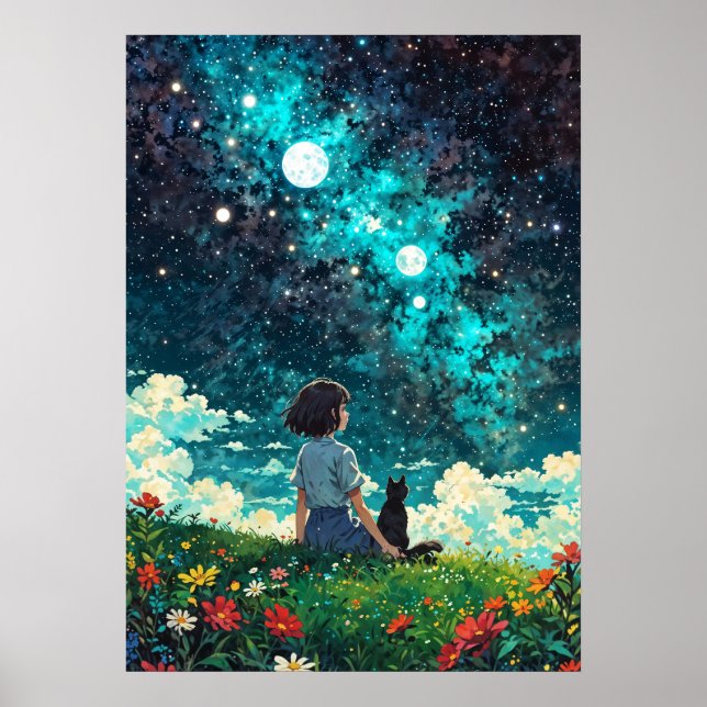 Affiche Starlit Reverie - Une fille et son chat s'assoient (Devant)