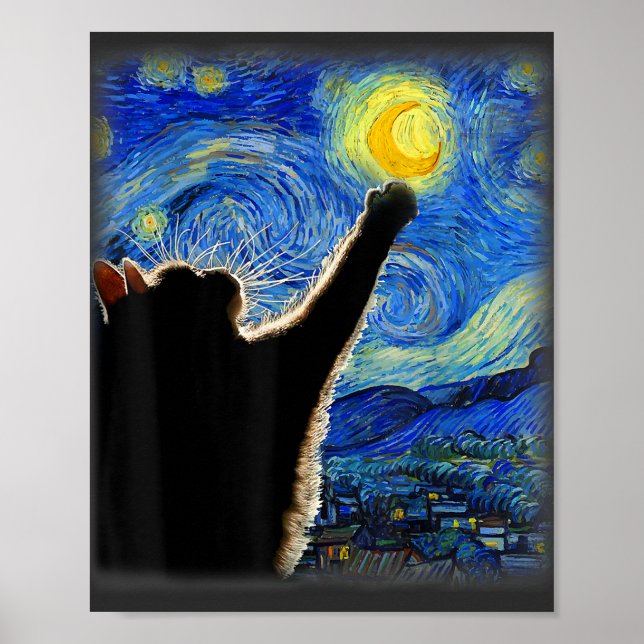 Affiche Starry Night Cat, Van Gogh Amoureux des chats Cat  (Devant)