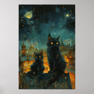 Affiche Starry Night Cats : Cosmic City Rooftop Art