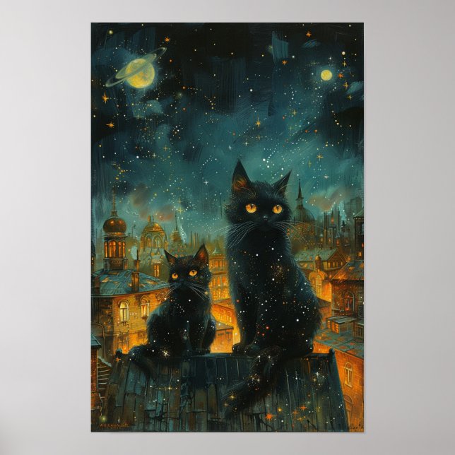 Affiche Starry Night Cats : Cosmic City Rooftop Art (Devant)