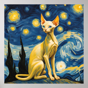 Affiche Starry Night Elf Sphinx Chat Van Gogh Art Peinture