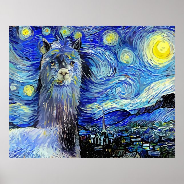 Affiche Starry Night Funny Alpaca Paysage Parodie (Devant)