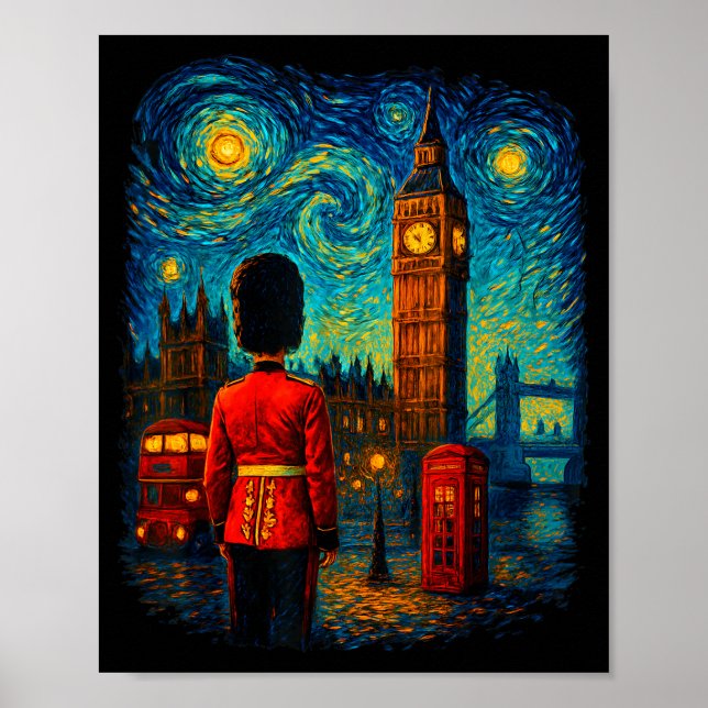 Affiche Starry Night London Red Telephone Box Queen's Guar (Devant)