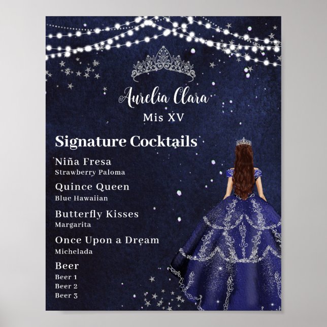 Affiche Starry Night Navy Blue Quinceanera Bar Menu boisso (Devant)