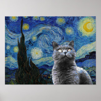Affiche Starry Night Vincent Van Gogh Cute Cat Kitten