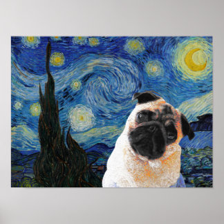 Affiche Starry Night Vincent Van Gogh mignon chien Carlin