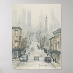 Affiche Staten Island rue brumeuse aquarelle
