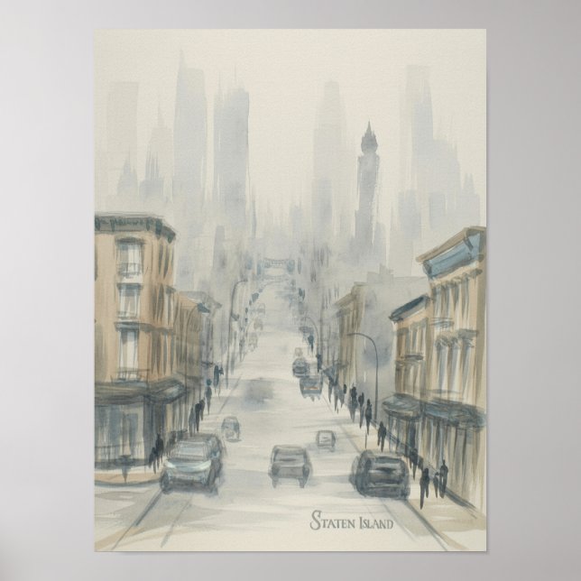 Affiche Staten Island rue brumeuse aquarelle (Devant)