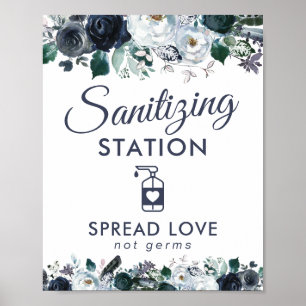 Affiche Station de désinfection des mains Bleu Floral