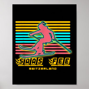 Affiche Station de ski de Saas-fee Alpes suisses Ski rétro