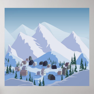 Affiche Station de ski : Paysage de montagne Vintage
