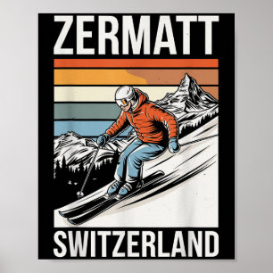 Affiche Station de ski rétro Zermatt Suisse, ski alpin fun