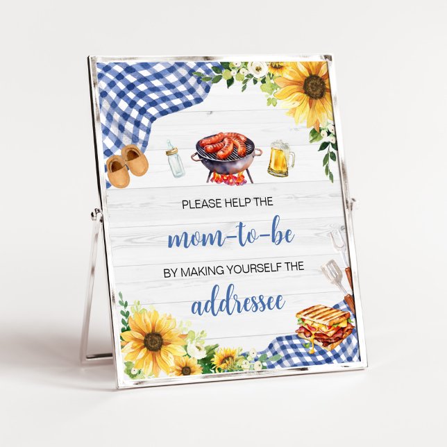 Affiche Station d'enveloppe Baby shower BBQ Sunflower bleu (Boy Picnic Backyard Baby Shower Envelope Station Sign)