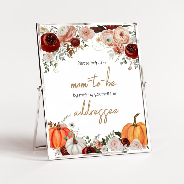 Affiche Station d'enveloppe Citrouille Fall Marsala Burgun (Fall Floral Pumpkin Baby Shower Envelope Station Sign)