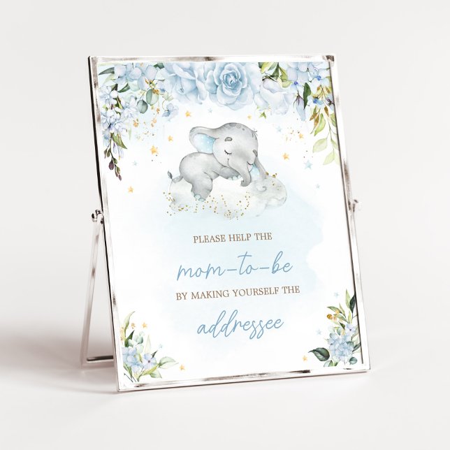 Affiche Station d'enveloppe de Baby shower Blue Floral Ele (Blue Floral Sleeping Elephant Baby Shower Envelope Station Sign)