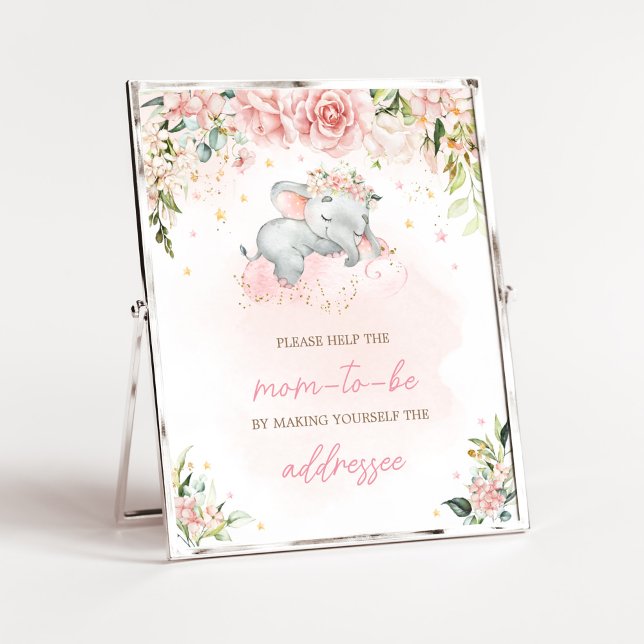 Affiche Station d'enveloppe de Baby shower d'éléphant rose (Pink Floral Sleeping Elephant Baby Shower Envelope Station Sign)