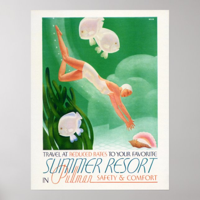 Affiche STATION D'ÉTÉ Mer Vacances Femme Plongée Voyage (Devant)