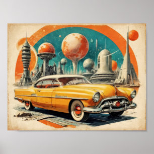 Affiche Station-service de carburant de voiture rétro-futu