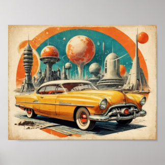 Affiche Station-service de carburant de voiture rétro-futu